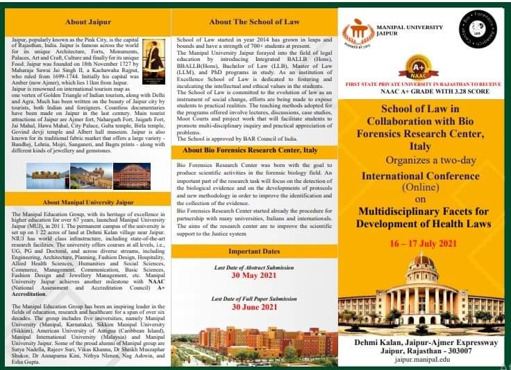 Manipal University and Bio Forensics R.C. organize the International Conference - Multidisciplinary facets for development of health laws